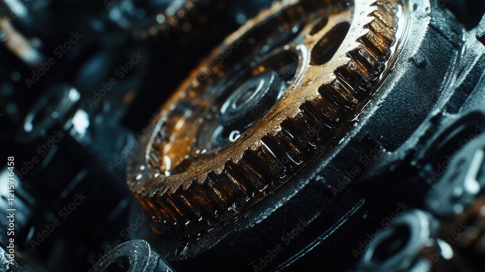 Poster close-up view of rusted mechanical gears with oil residue and intricate detailing against a dark bac