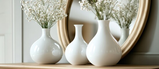 Elegant white ceramic vases with delicate flowers placed on a wooden surface in a stylish sitting room with a round gold-framed mirror and soft gray walls