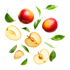 Obraz premium Flying apple slices with leaves isolated on a transparent background.