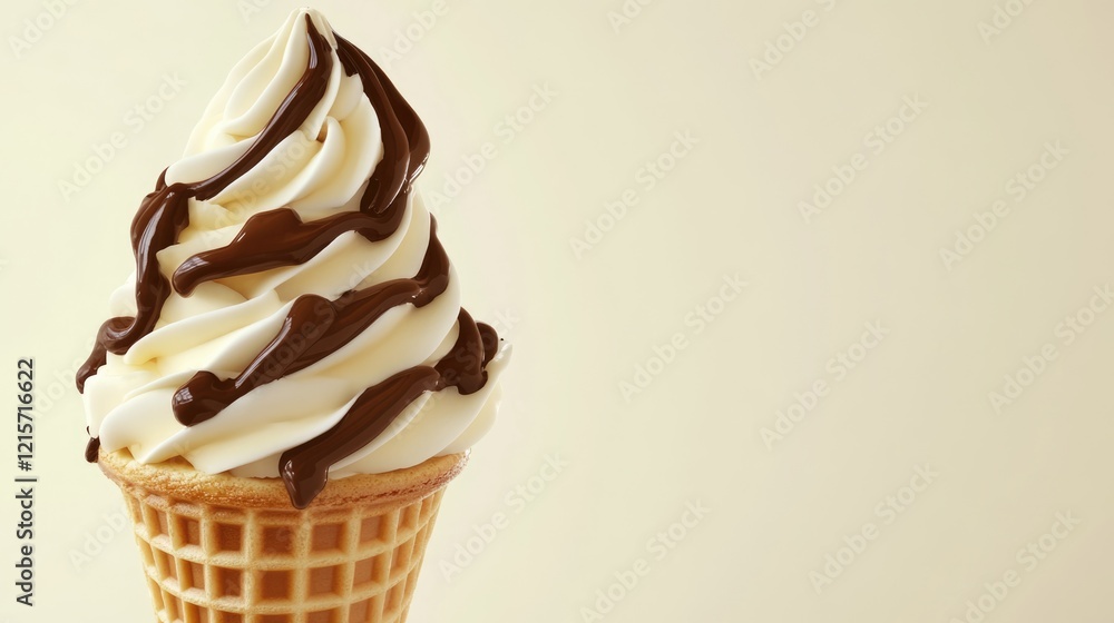 Poster chocolate drizzled soft-serve ice cream in a waffle cone on a neutral background with copy space