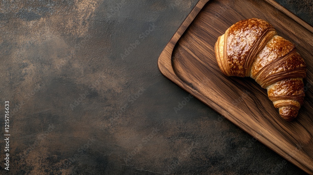 Poster golden croissant on a wooden cutting board with dark textured background and ample copy space for te