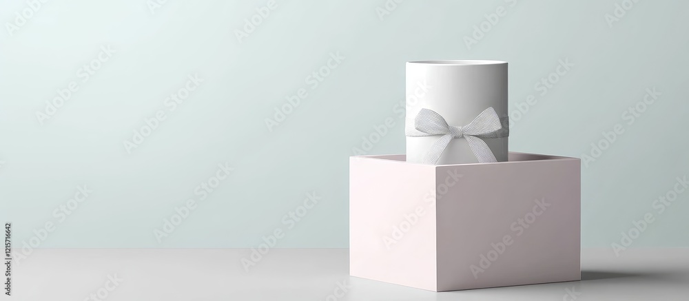 Poster Elegant White Tumbler in Minimalist Gift Box on Soft Green Background with Subtle Shadow and Ample Blank Space for Custom Text or Branding