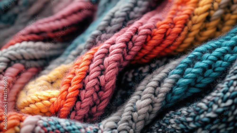 Poster colorful knitted fabric texture with intricate patterns and soft folds showcasing various shades of 