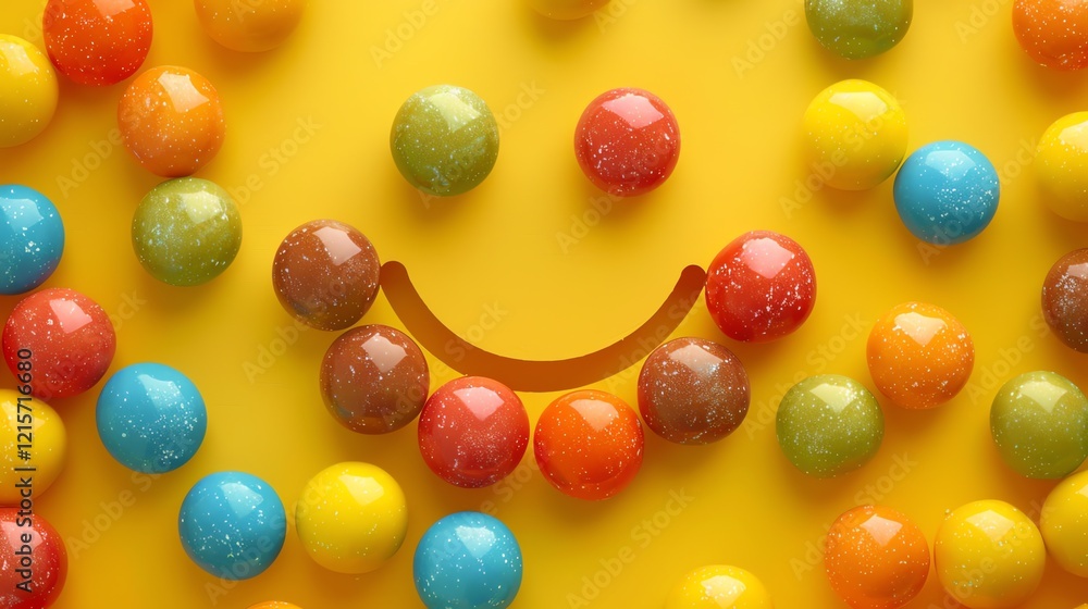 Poster 3d rendering of a yellow background with a smiley face made of colorful candy.