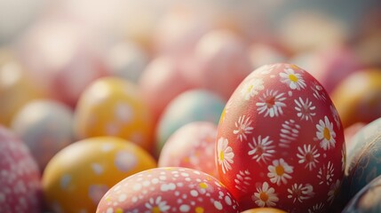 Obraz premium Colorful decorative Easter eggs in a soft-focused pastel background with floral patterns and Copy Space for text insertion