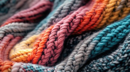 Colorful knitted fabric texture with intricate patterns and soft folds showcasing various shades of yarn Copy Space