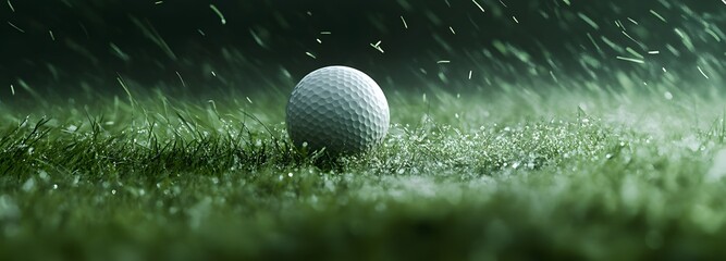 A close-up of a golf ball rolling on the green, pushed by strong winds during a suspension of play