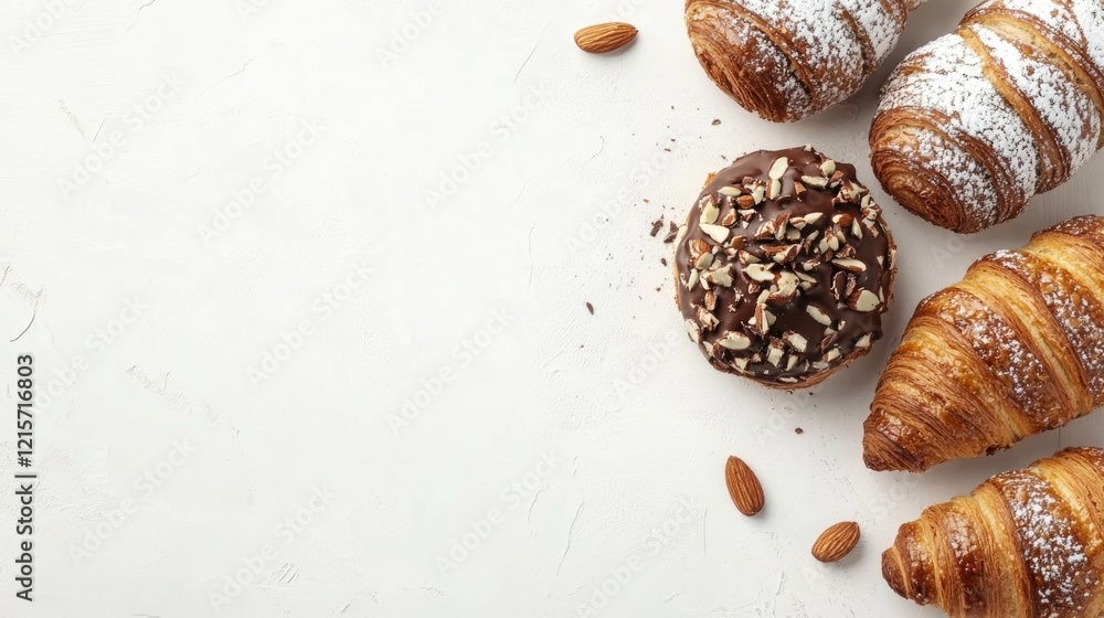 Poster assorted pastries including croissants and a chocolate donut with nuts on a light background with co