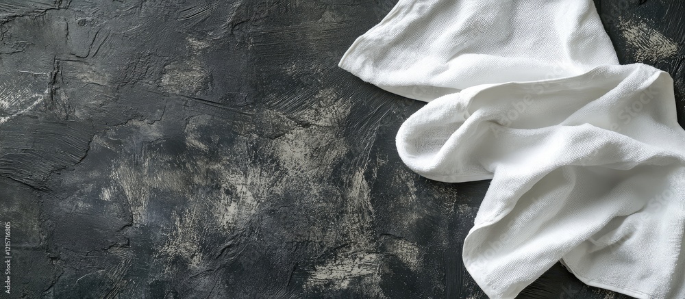 Aufkleber white towel draped on dark textured surface with soft shadows and space for text overlay in contempo
