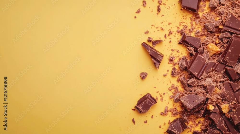 Poster chocolate pieces and shavings on a yellow background with copy space for text placement.
