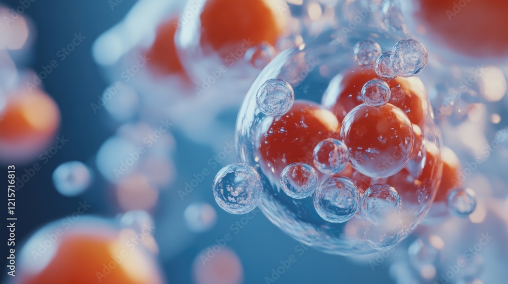 Poster colorful abstract composition of floating transparent bubbles with orange centers on a blue backgrou