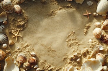 Fototapeta premium Seashells and Starfish on Sandy Beach Background