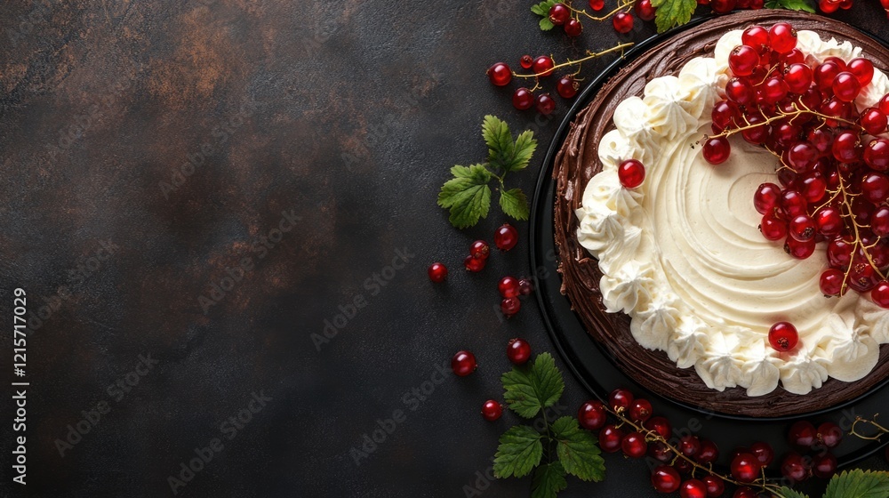 Poster chocolate cake topped with red currants and cream on dark background with copy space for text.