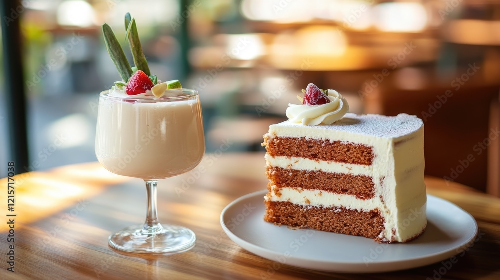 Aufkleber dessert table setting featuring a slice of layered cake with cream frosting and a glass of mousse to