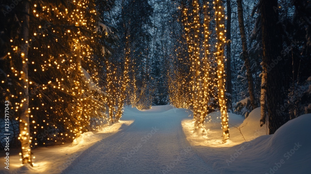 Poster snowy pathway illuminated by string lights in a winter forest with trees decorated for the holiday s