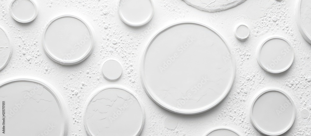 Aufkleber textured white background with circular embossed shapes in various sizes and ample negative space fo