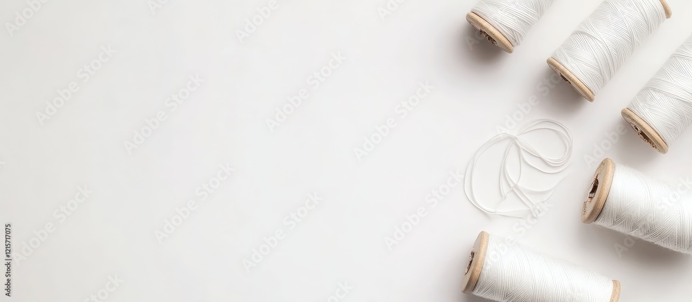 Poster white thread spools arranged on a clean white background with empty space for branding or text, show