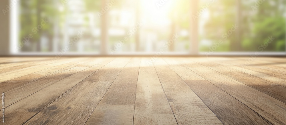 Poster warm wooden floor with sunlight streaming in through large windows, creating a bright and inviting a