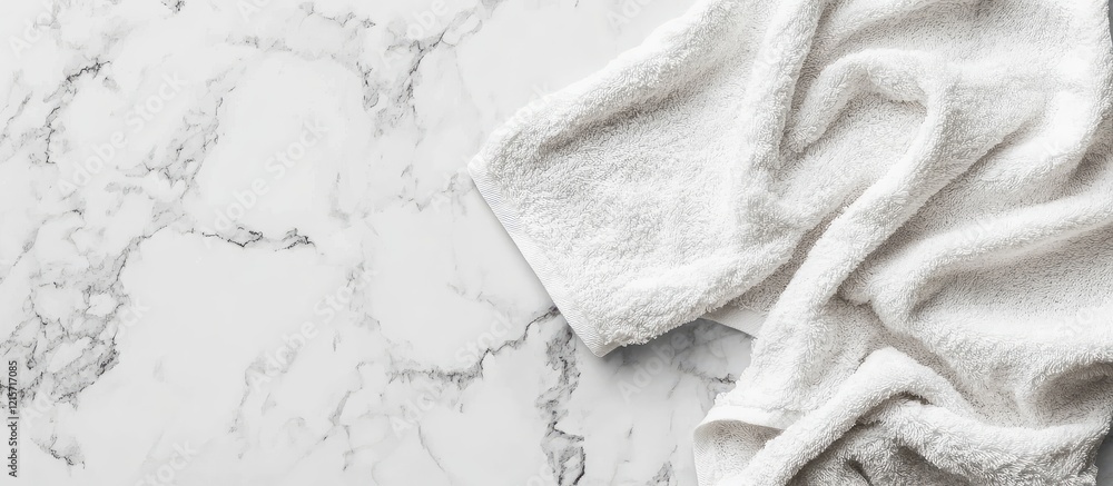 Poster soft white terry towel draped elegantly on bright marble kitchen countertop with ample empty space f
