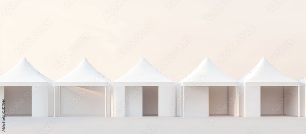 Poster white exhibition tents in minimalist setting with light beige background and blank space for custom 