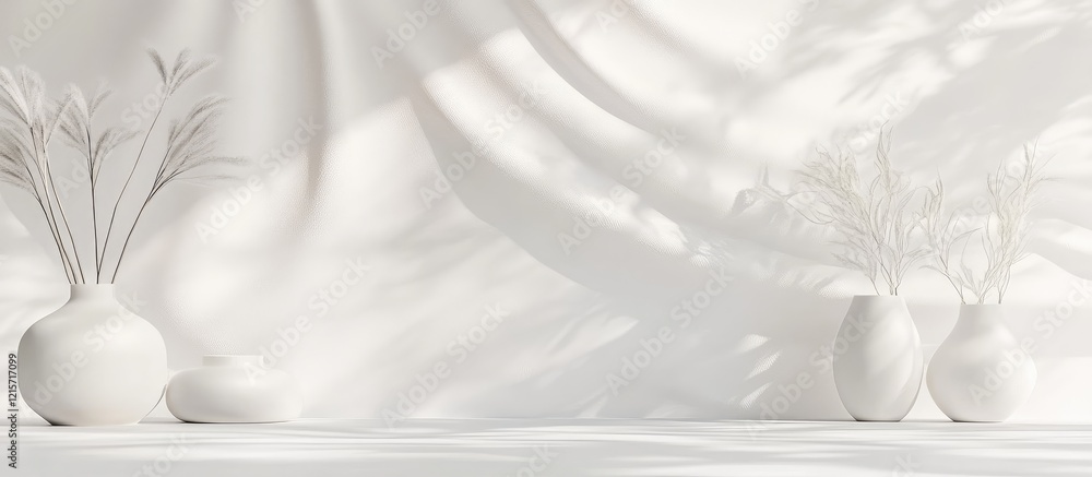 Poster minimalist white textured background with soft shadows and blank space for text featuring elegant wh