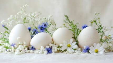 Obraz premium White eggs arranged with delicate wildflowers on a light background showcasing natural colors and textures Copy Space