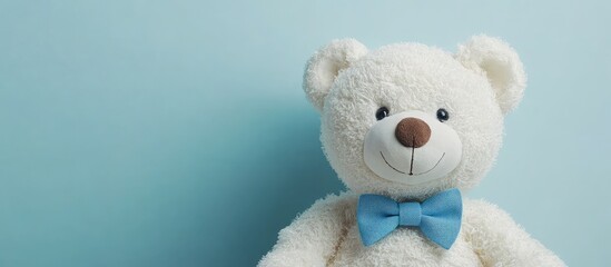 Cute white teddy bear with freckles and blue bowtie against pastel blue background empty space for personalized message or text