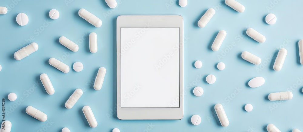 Poster white tablets surrounding a blank tablet on light blue background ideal for text placement and data 