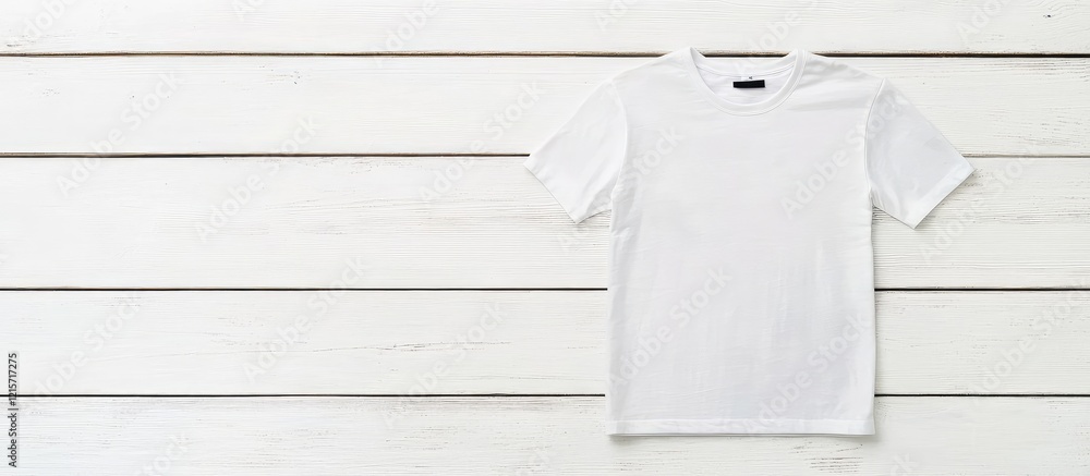 Aufkleber minimalist white t-shirt displayed on a textured white wooden background with ample space for custom