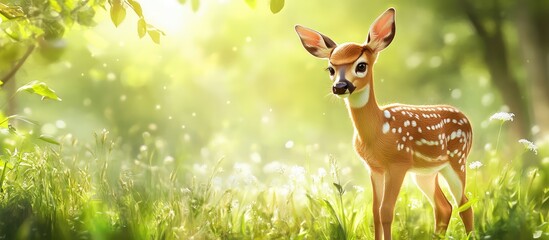 Graceful white-tailed deer fawn standing in lush green meadow with soft sunlight filtering through vibrant foliage creating an enchanting natural habitat
