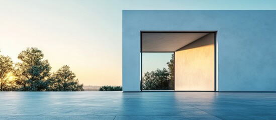 Modern architectural minimalist setting with large window reflection and open space against a clear sky at sunset, Copy Space