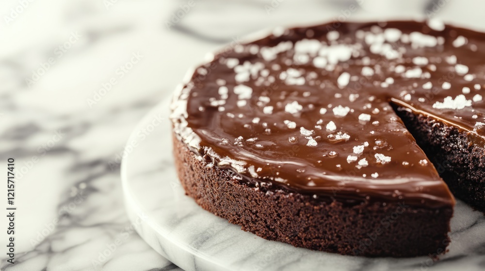Poster chocolate cake with glossy ganache and a slice removed on marble background with copy space