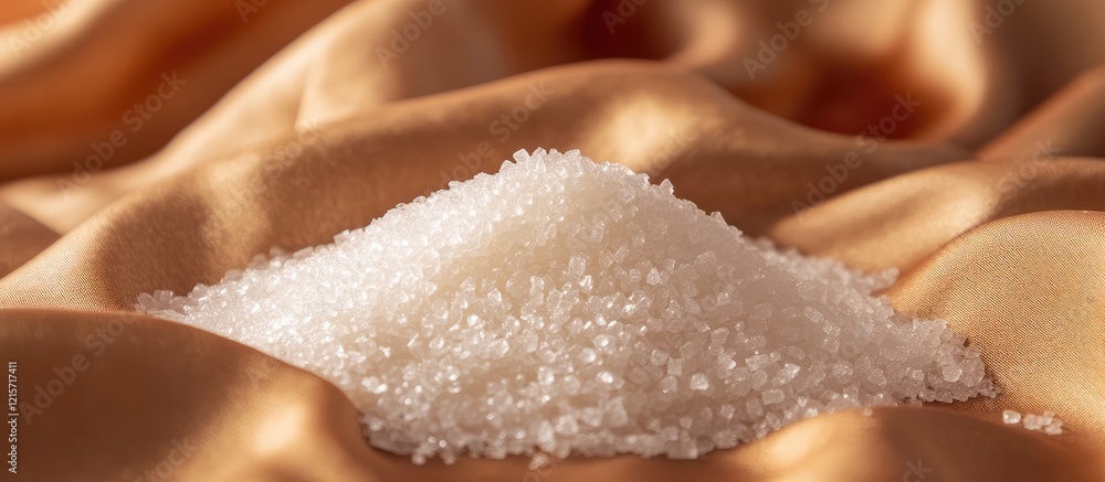 Poster granules of white sugar artfully arranged on luxurious brown satin fabric background with soft curve