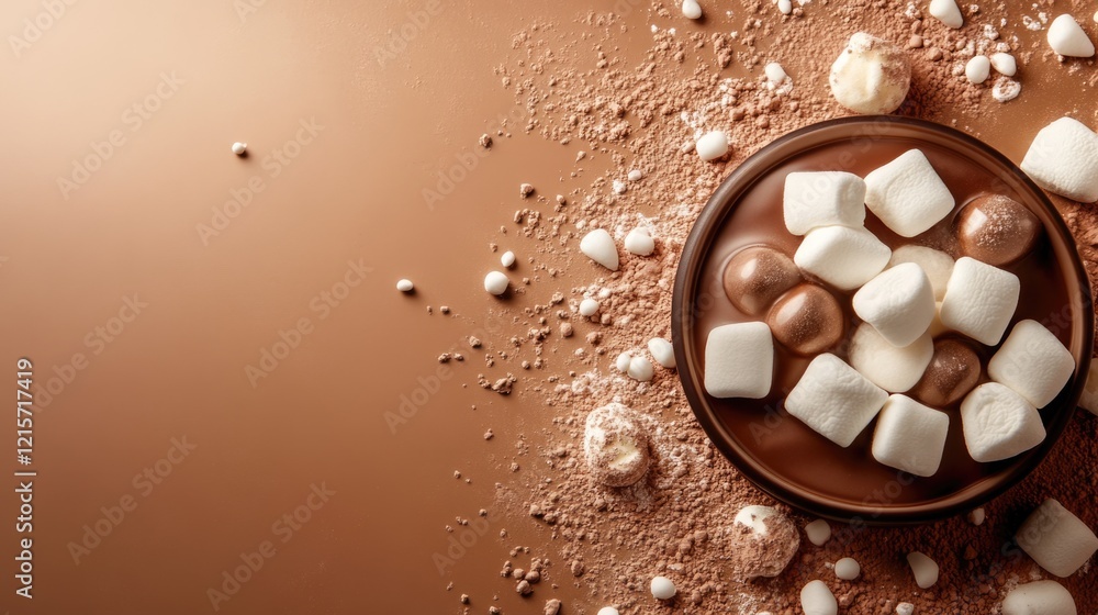 Poster chocolate and marshmallows in a bowl on a brown background with cocoa powder and small marshmallows 