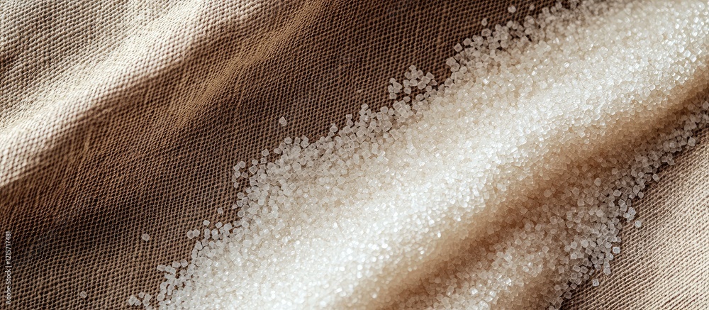 Poster white sugar granules scattered on soft brown fabric surface creating a textured background with ampl