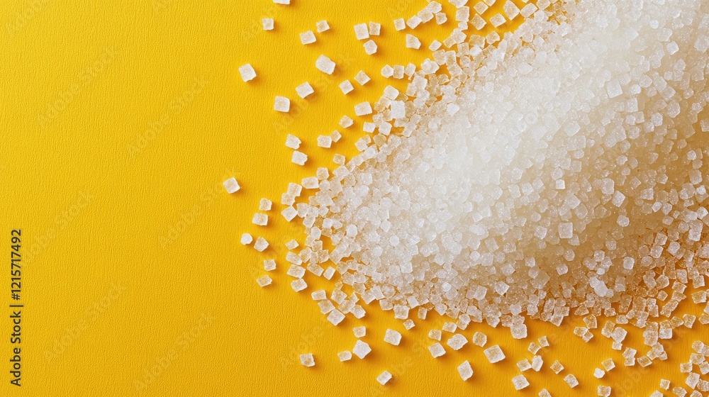 Poster granulated white sugar spilling on a vibrant yellow background with scattered sugar cubes enhancing 