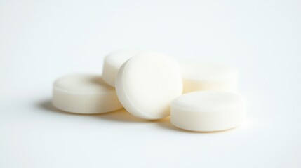 White sugar tablet candies arranged on a clean white surface showcasing their smooth, round form and minimalistic aesthetic.