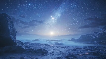 Mystical alien landscape at night with a bright star, milky way and rocky formations.