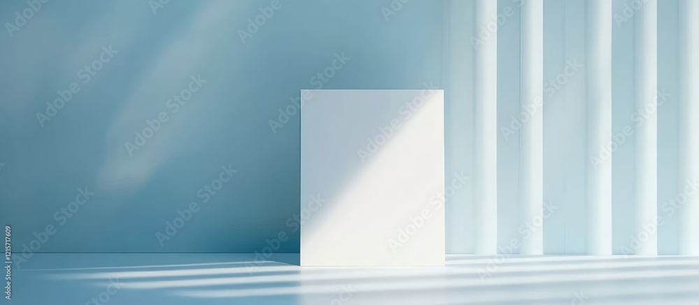 Poster white striped paper notebook mockup on soft blue gradient surface with bright light shadows and clea
