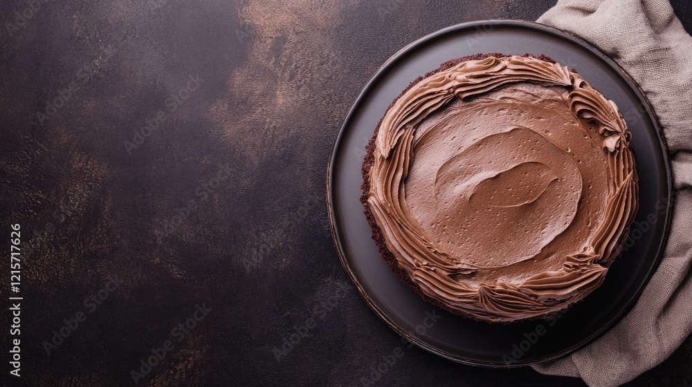 Aufkleber chocolate cake on a dark surface with copy space for text on the left side and a linen cloth on the 