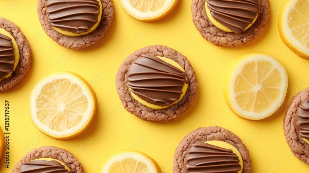 Poster choco lemon cookies with chocolate drizzle on yellow background with lemon slices and copy space for
