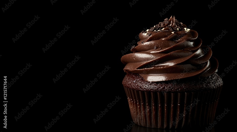 Poster chocolate cupcake with swirled frosting on a reflective surface against a black background with copy