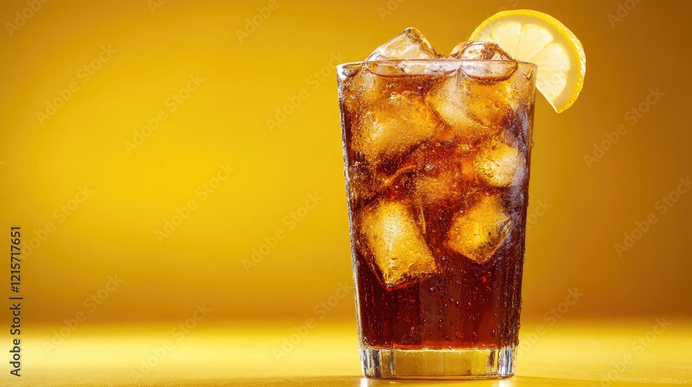 Poster cold beverage with ice cubes and lemon slice on a yellow background with copy space for text placeme