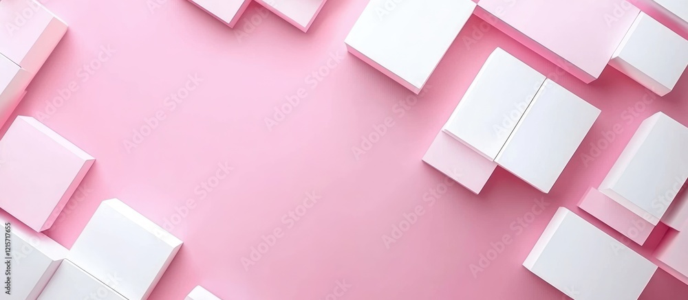 Poster white square boxes on pink background with copy space for text placement. flat lay arrangement of ge