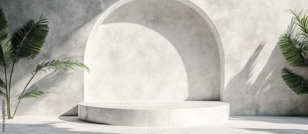 Poster minimalist white podium with soft shadows and greenery perfect for showcasing products and creating 