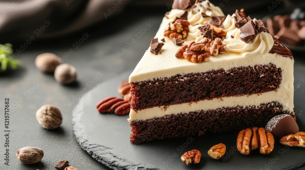 Poster chocolate cake slice with cream and nuts on a dark stone plate with assorted nuts and chocolate piec