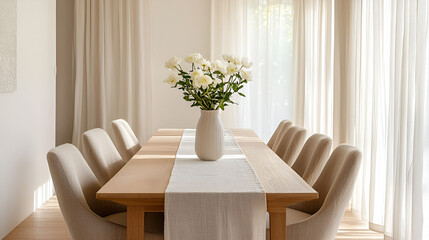 Elegant dining room with a wooden table, beige chairs, and a vase of white peonies. Sunlight streams through sheer curtains, creating a calm and bright atmosphere.