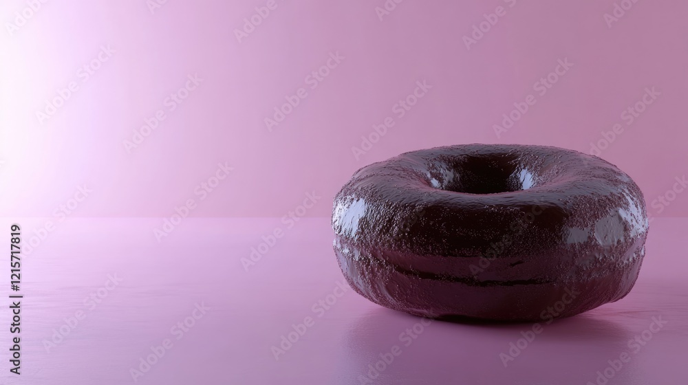 Poster chocolate glazed donut on a pink background with ample copy space for text placement