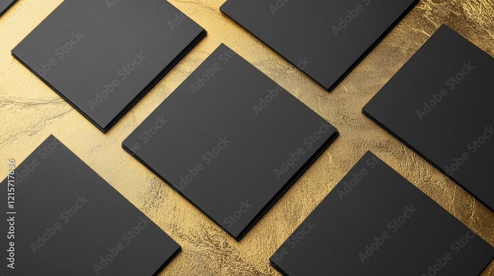 Poster black square tiles arranged on a textured gold background with copy space for text placement.