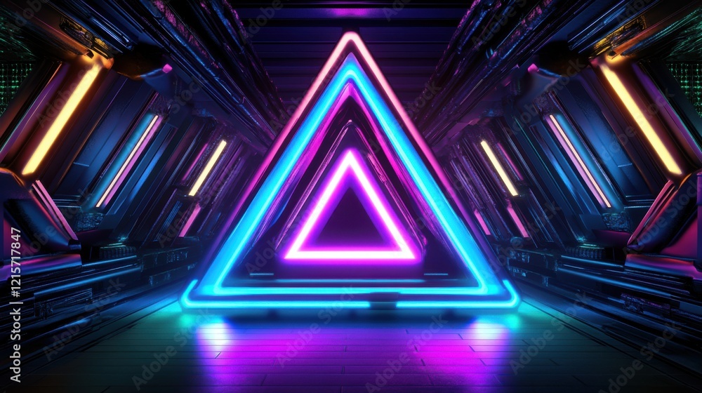 Poster glowing neon triangles in a futuristic corridor with dynamic lighting effects and symmetrical design